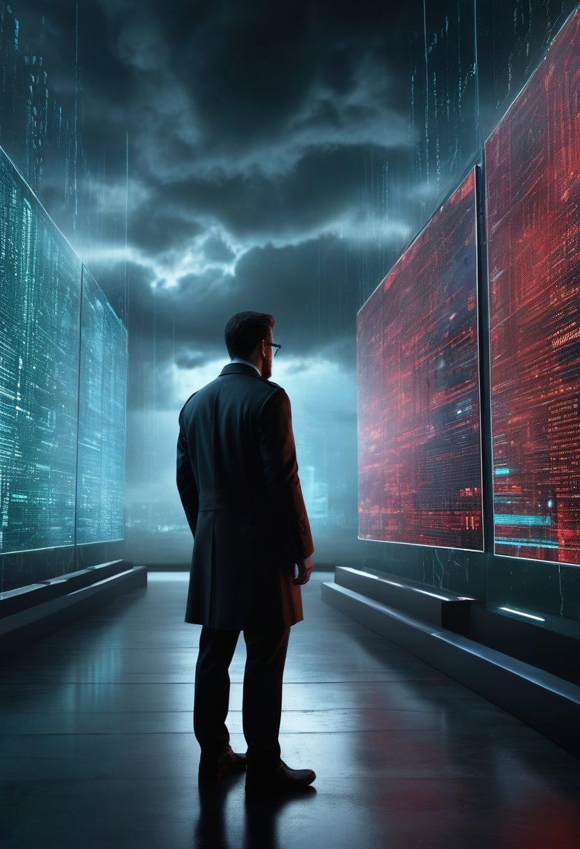 A digital fortress standing strong amidst a swirling storm of binary code and glowing red threats, emphasizing security and protection. In the foreground, a determined individual in professional attire analyzes data on futuristic screens filled with security graphs and alerts. The background features dark clouds symbolizing danger dissipating as light shines through, representing hope and resilience. The overall color palette should include deep blues for security, and bright greens for growth and safety. super-realistic. vibrant colors. 3D.