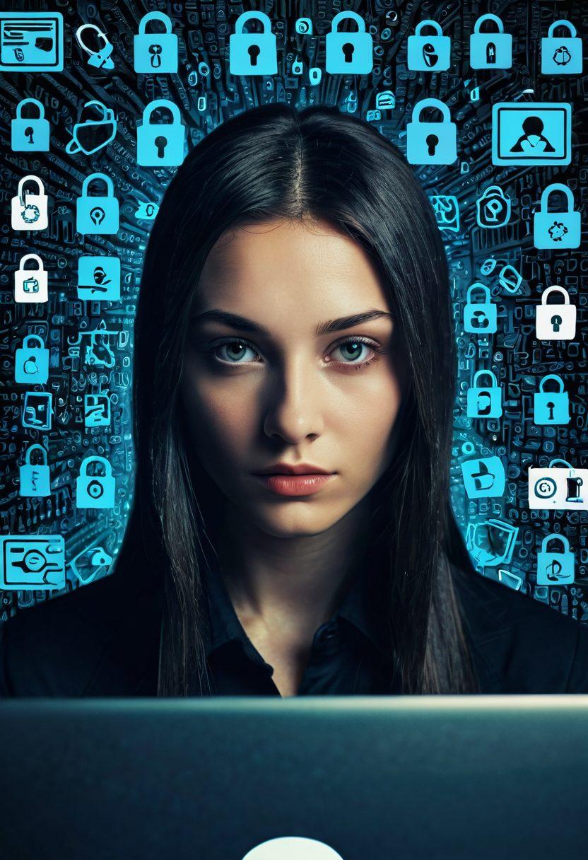 A digital collage depicting various online activities, with a focus on a person behind a computer screen, their face half-hidden by a mask. Symbolic imagery such as padlocks, digital codes, and shadowy figures emerging from a network of social media icons, showcasing the contrast of security versus vulnerability. The color palette should reflect a sense of intrigue and caution, with dark blues and neon highlights. surrealistic. vibrant colors. 3D.